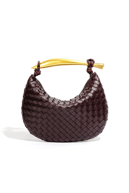 Woven brown leather hobo bag with gold handle