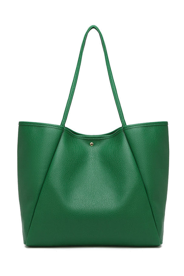 Black faux leather tote bag with shoulder straps