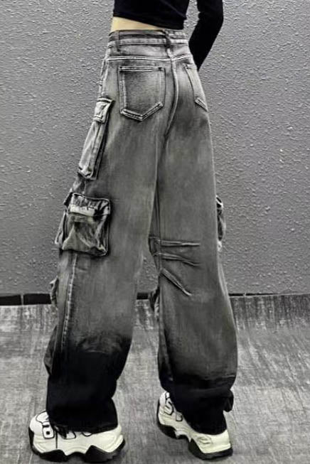Gray acid wash denim cargo pants with multiple pockets