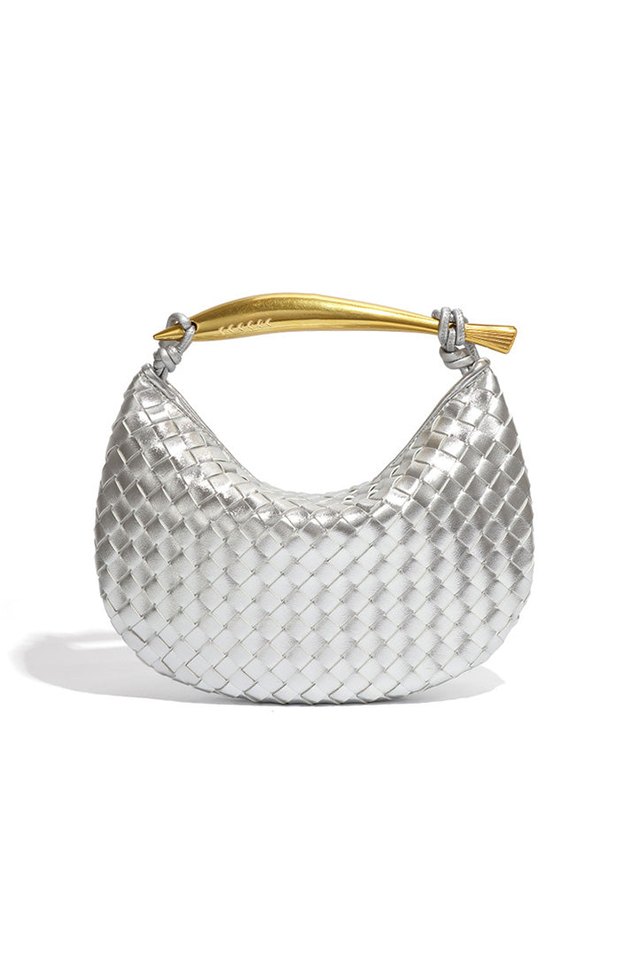 Woven brown leather hobo bag with gold handle