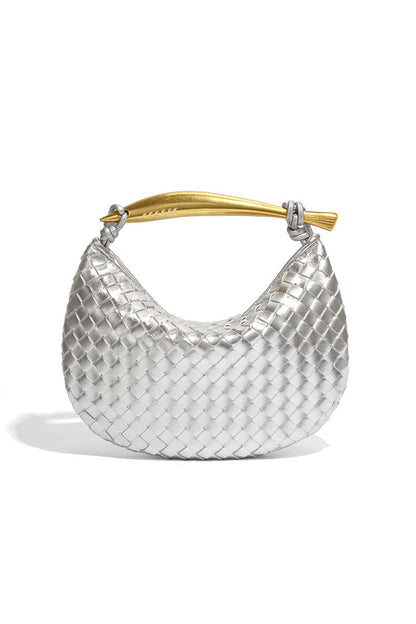 Woven brown leather hobo bag with gold handle