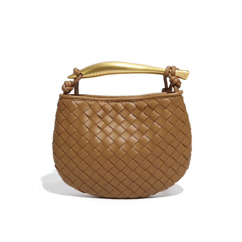 Silver woven leather top handle bag with gold hardware