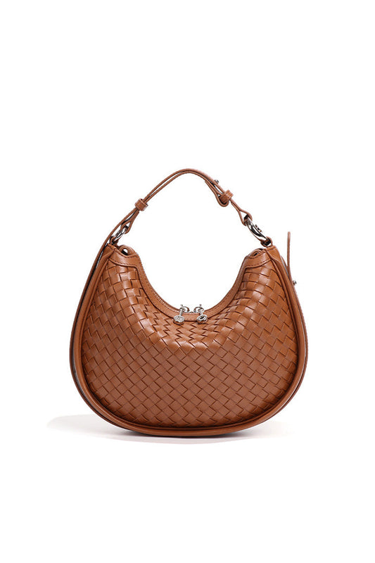 Front view of brown woven leather hobo bag with silver hardware