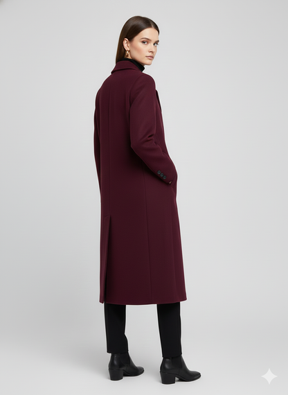 Luxury Long Burgundy Double-Breasted Wool Coat