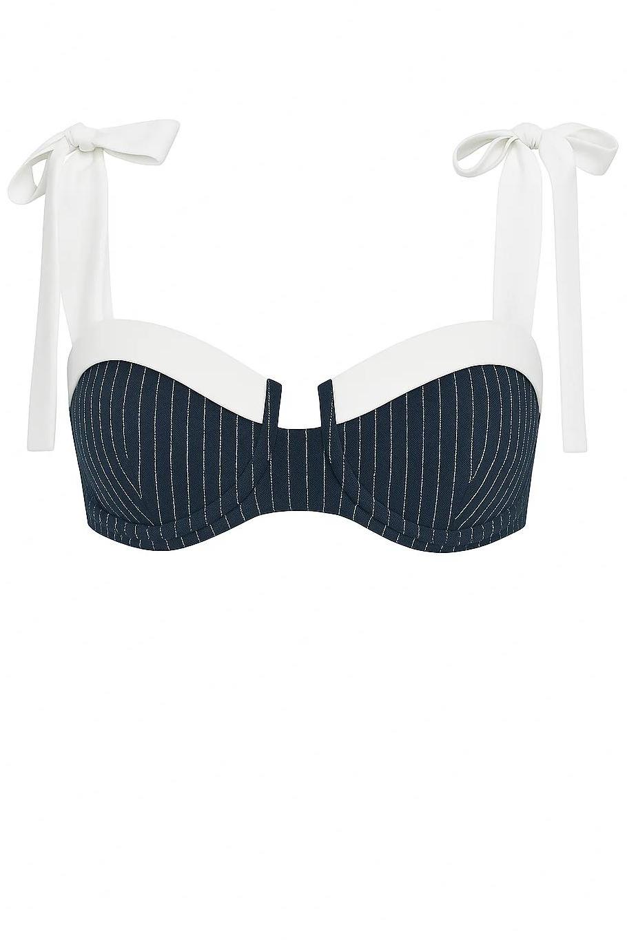 Woman in blue and white striped two-piece set