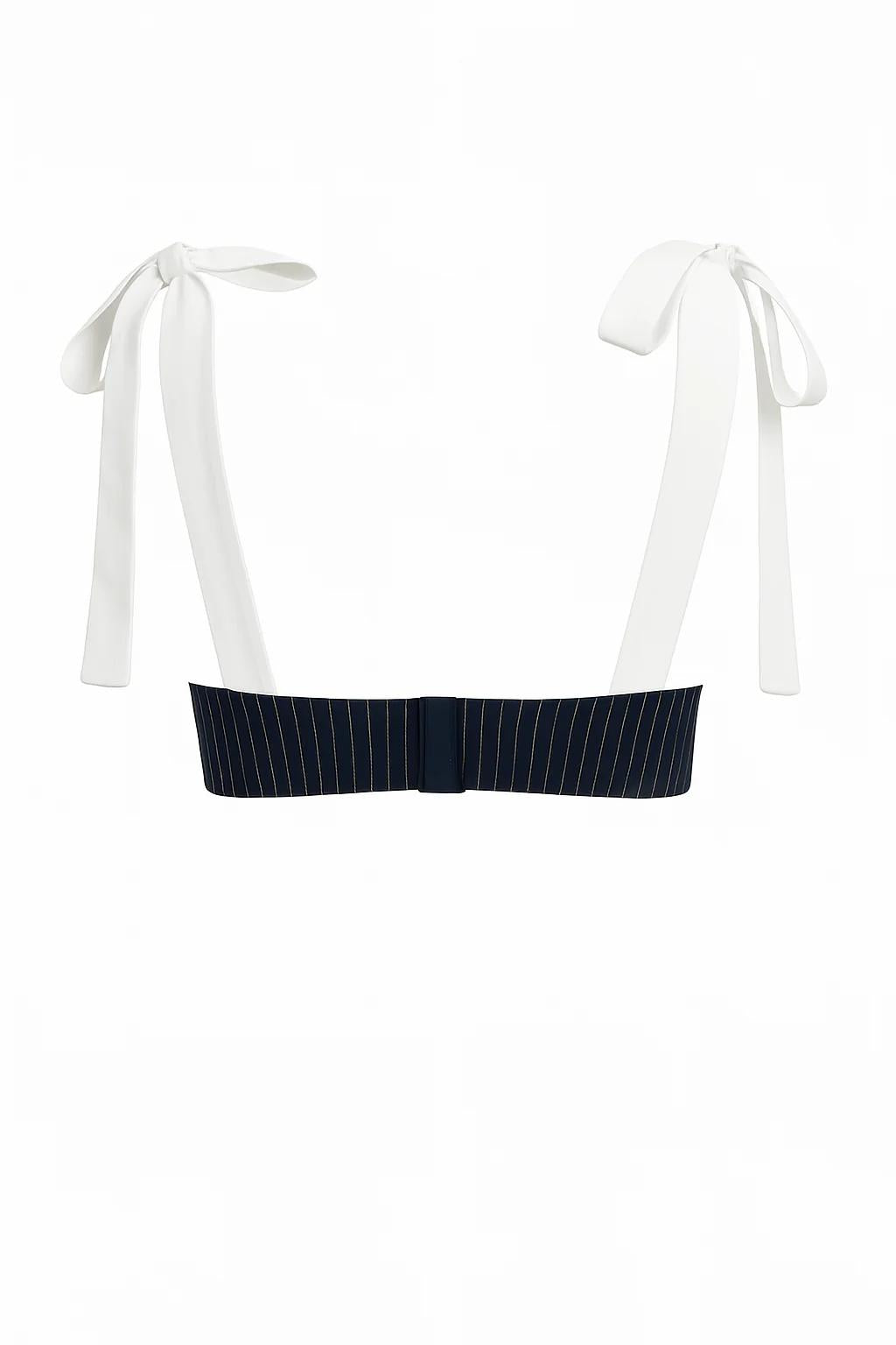 Woman in blue and white striped two-piece set