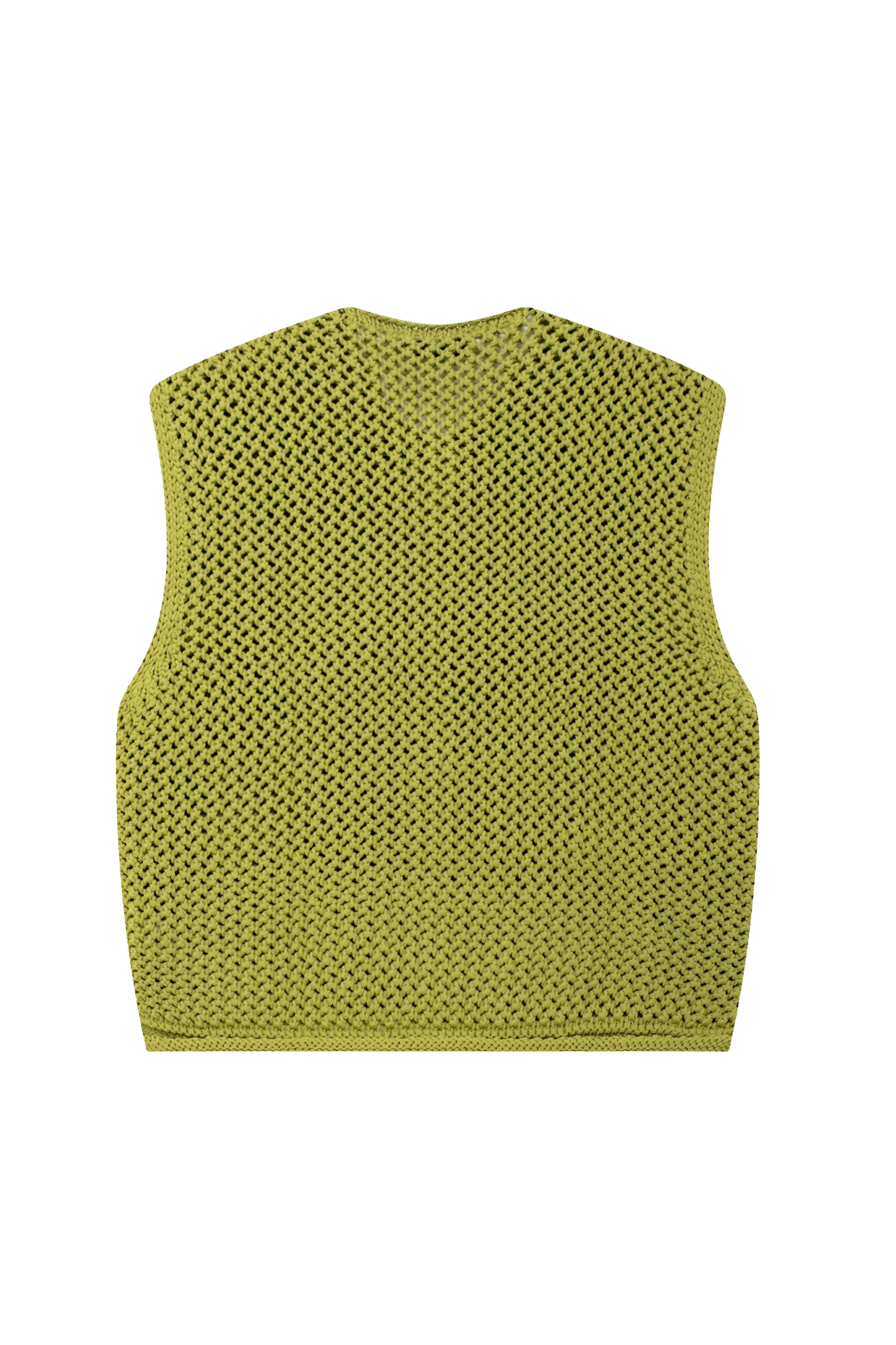 Woman wearing olive green crochet knit vest and denim shorts