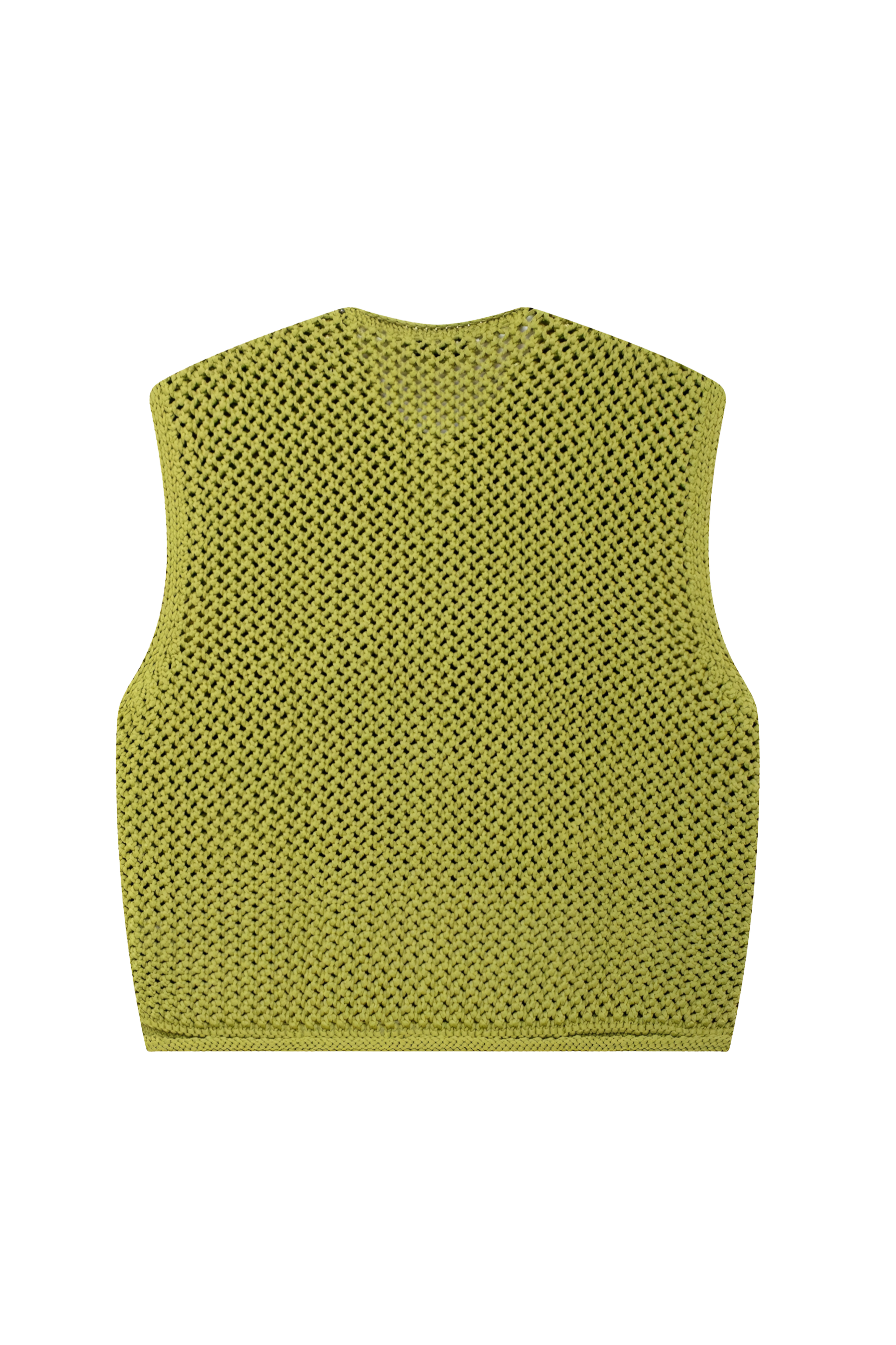 Woman wearing olive green crochet knit vest and denim shorts
