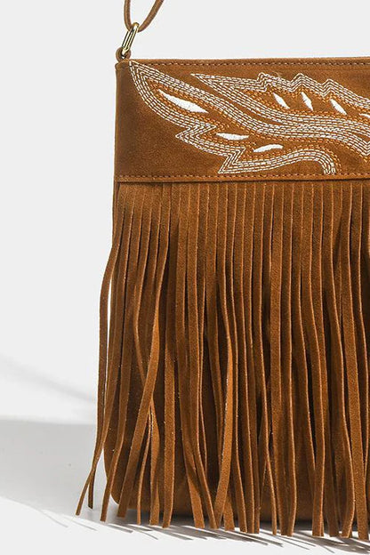 Brown suede fringe crossbody bag with rhinestone detail