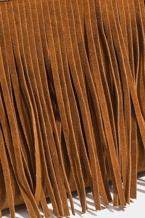 Brown suede fringe crossbody bag with rhinestone detail