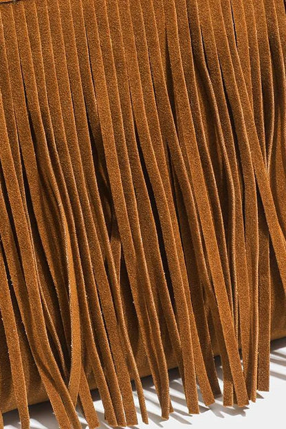 Brown suede fringe crossbody bag with rhinestone detail