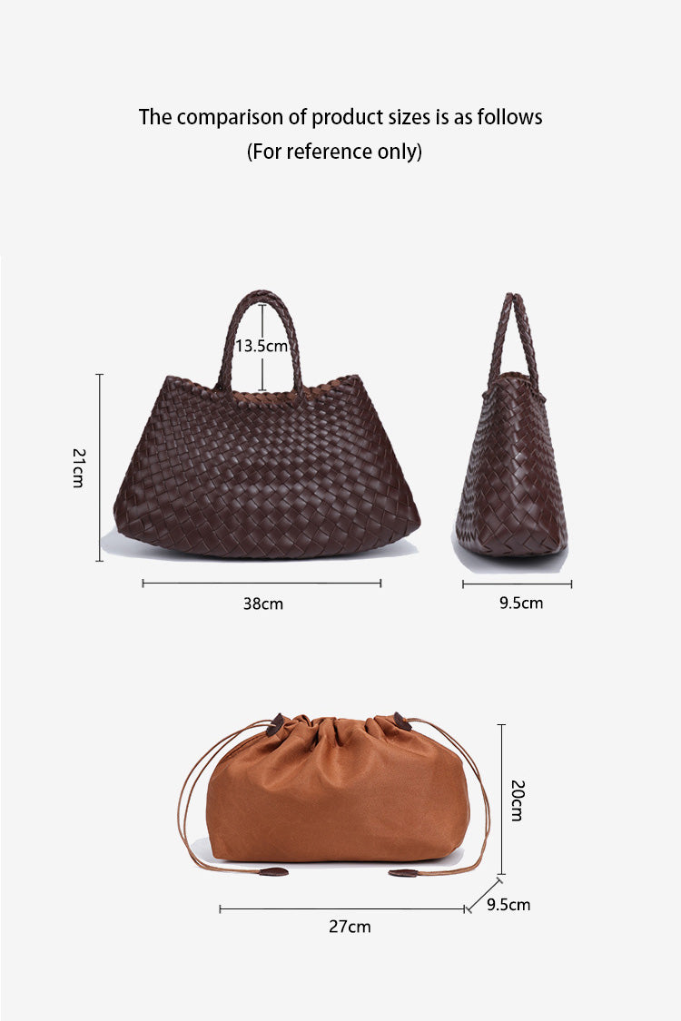 Woman holding brown woven tote bag