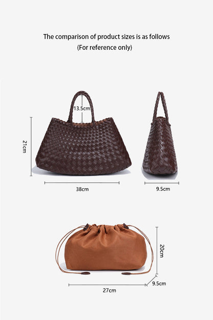 Woman holding brown woven tote bag