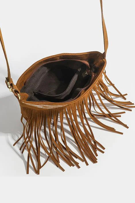 Brown suede fringe crossbody bag with rhinestone detail