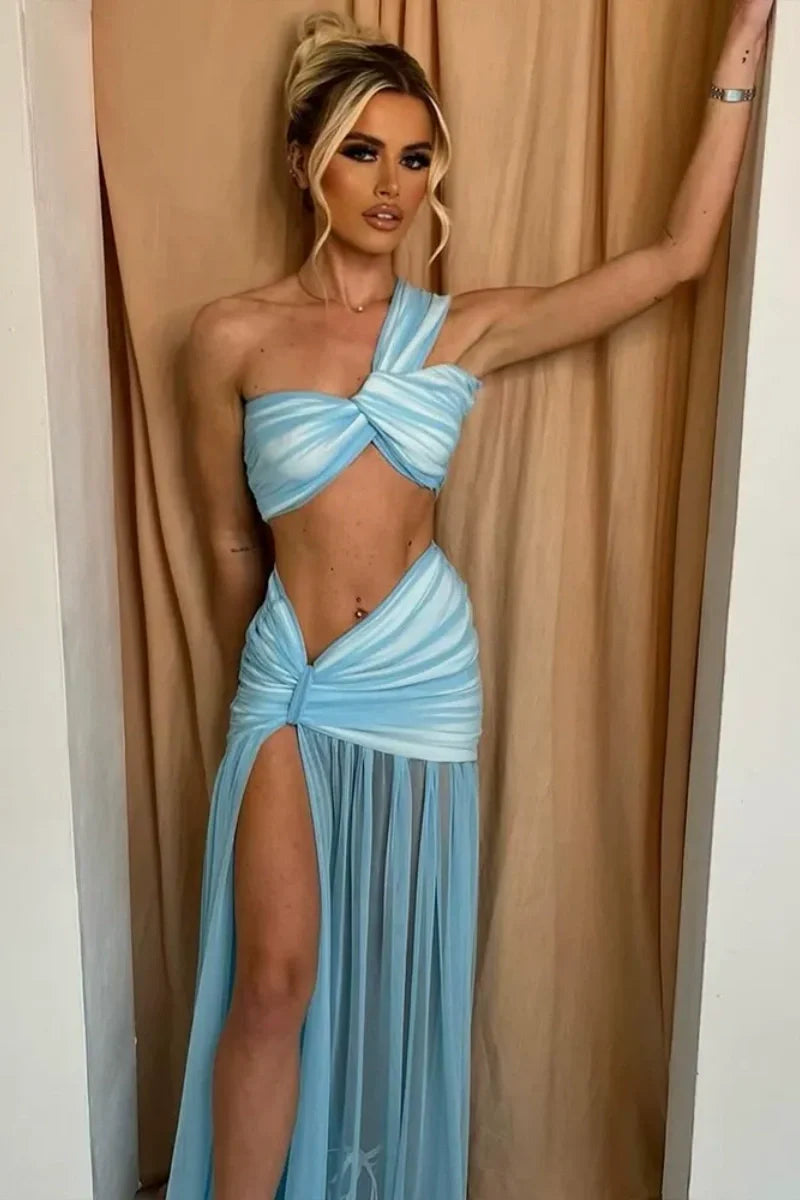 Woman in yellow sheer mesh two-piece set
