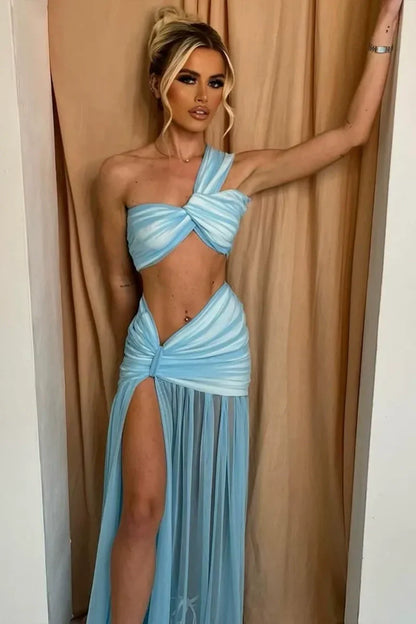 Woman in yellow sheer mesh two-piece set