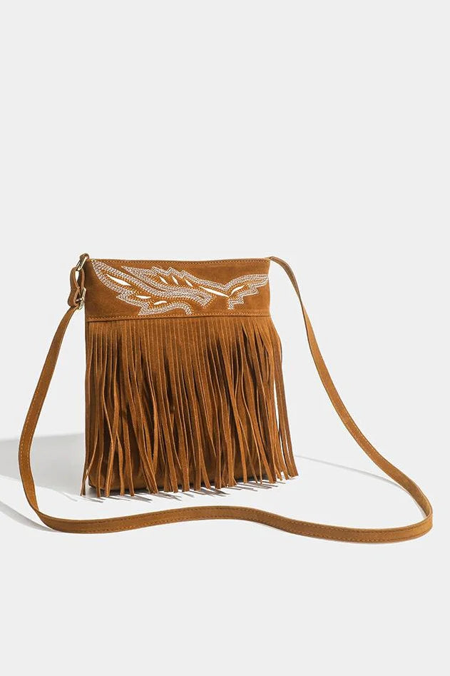 Brown suede fringe crossbody bag with rhinestone detail