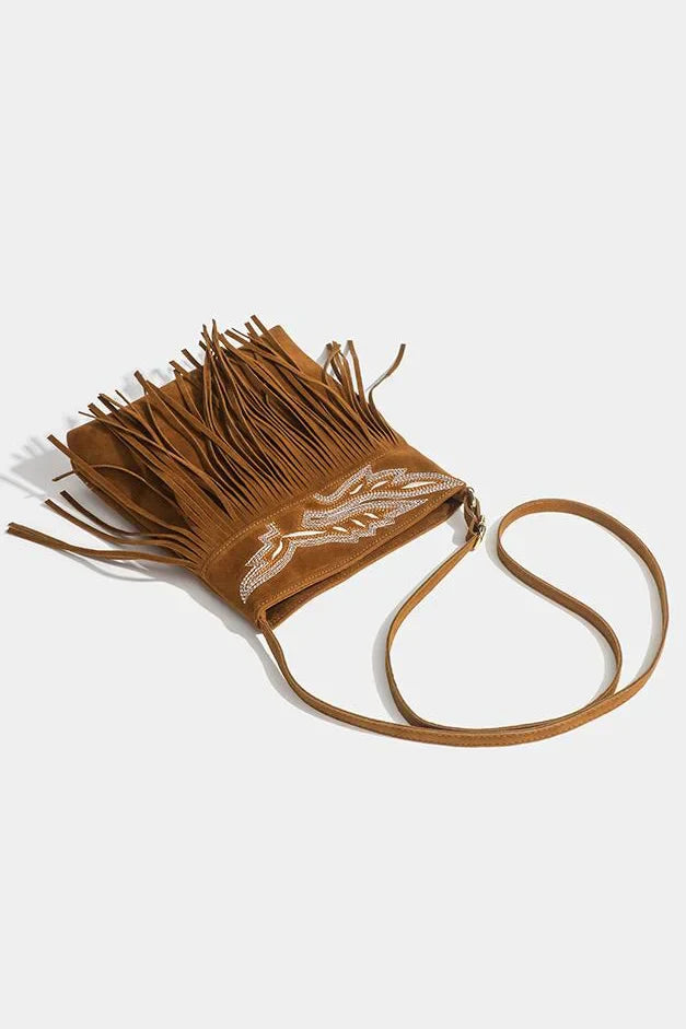 Brown suede fringe crossbody bag with rhinestone detail