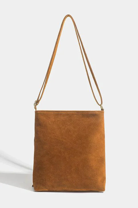 Brown suede fringe crossbody bag with rhinestone detail