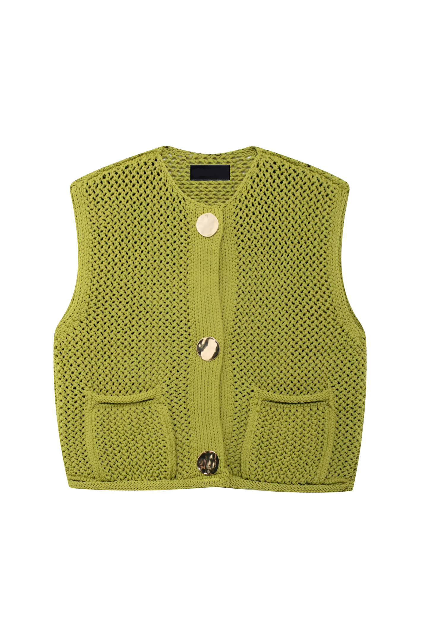Woman wearing olive green crochet knit vest and denim shorts