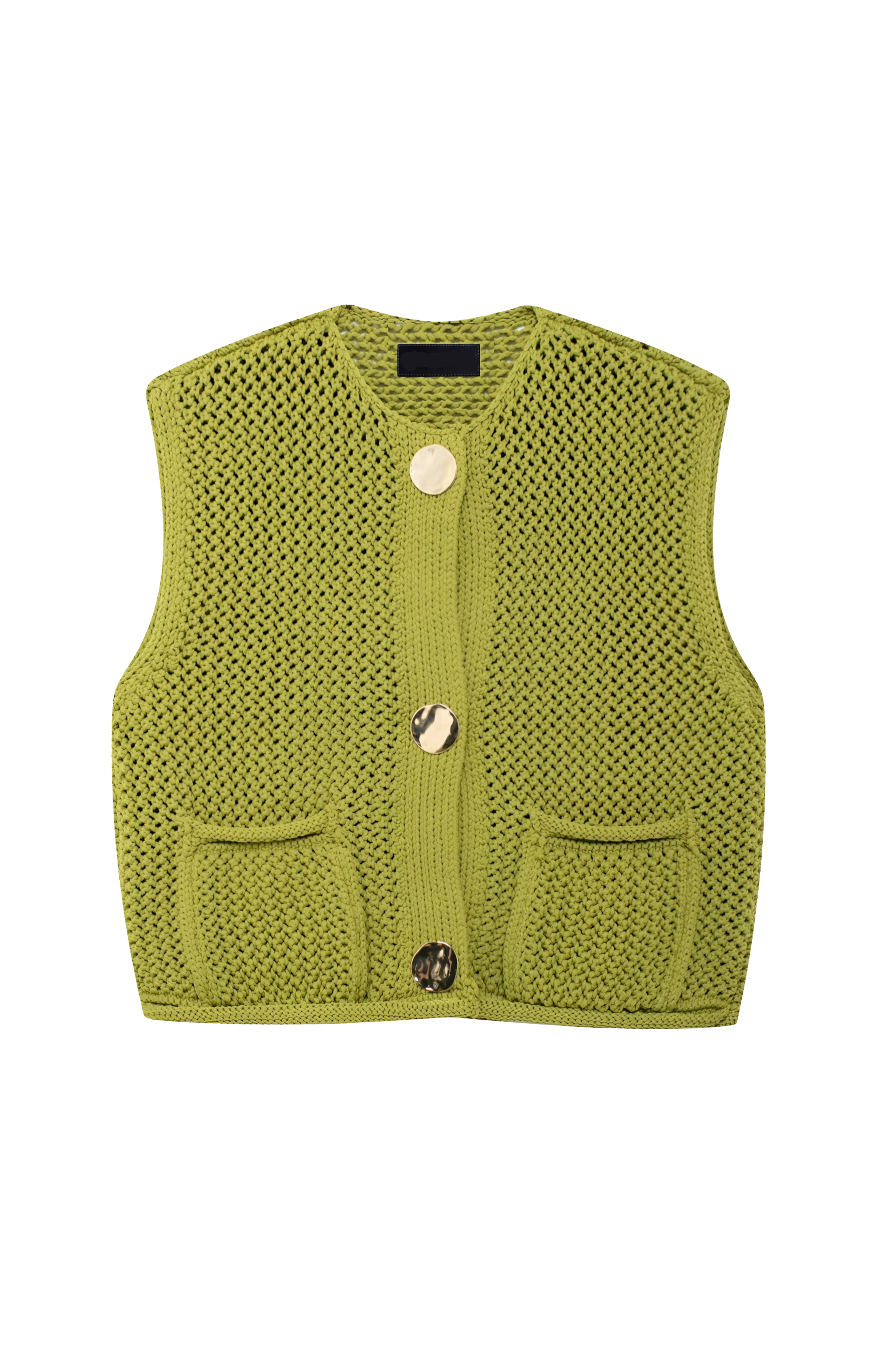 Woman wearing olive green crochet knit vest and denim shorts