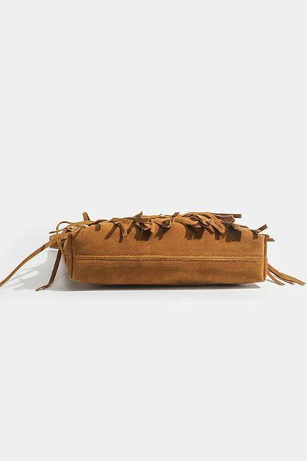 Brown suede fringe crossbody bag with rhinestone detail