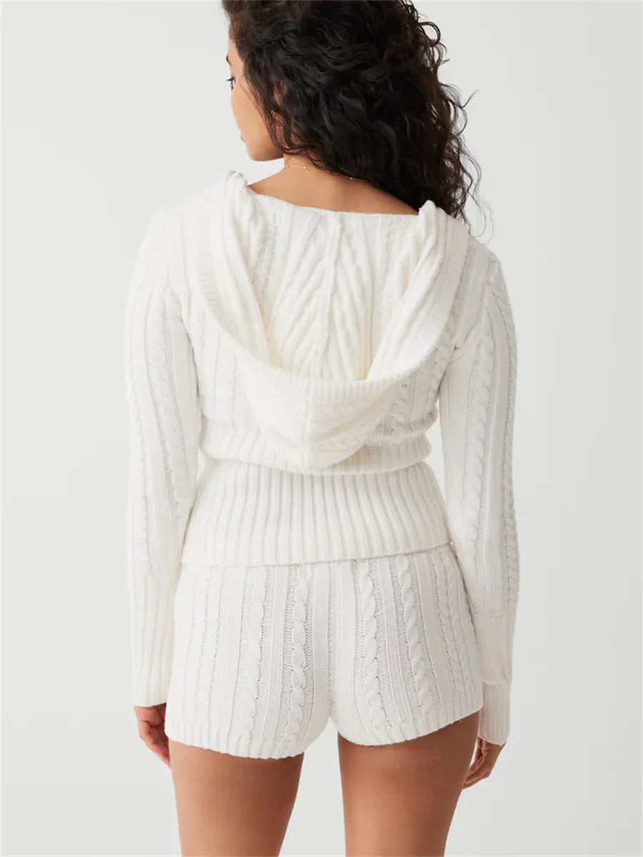 Woman wearing gray knit hoodie and shorts set
