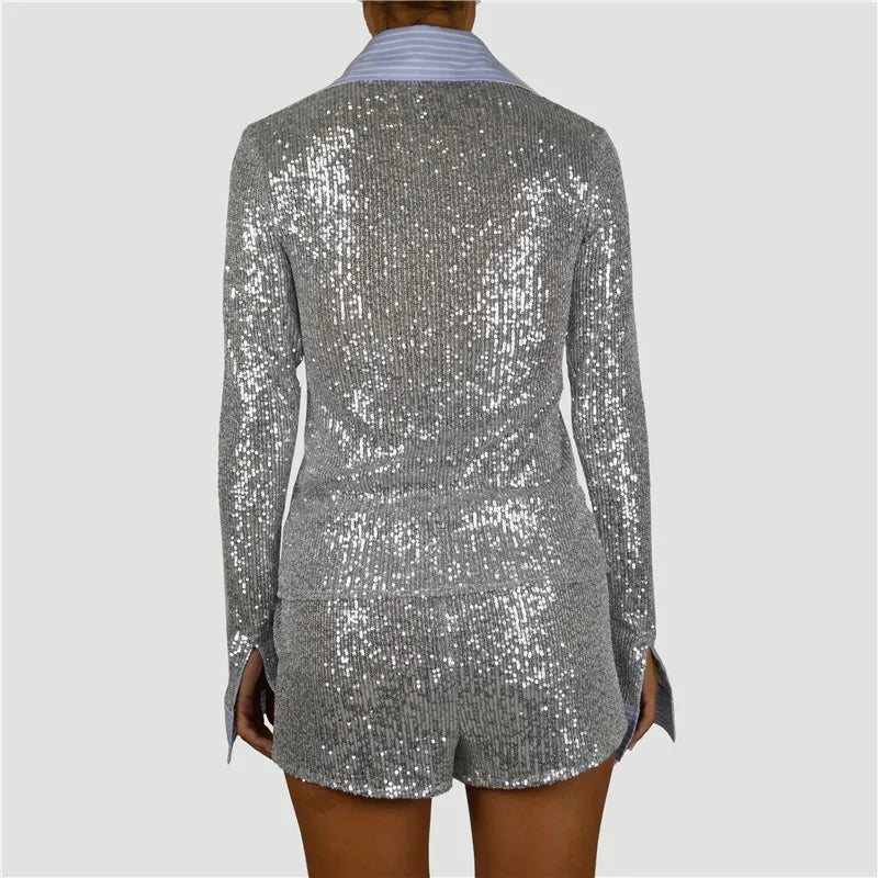 Woman wearing sequin pajama set.