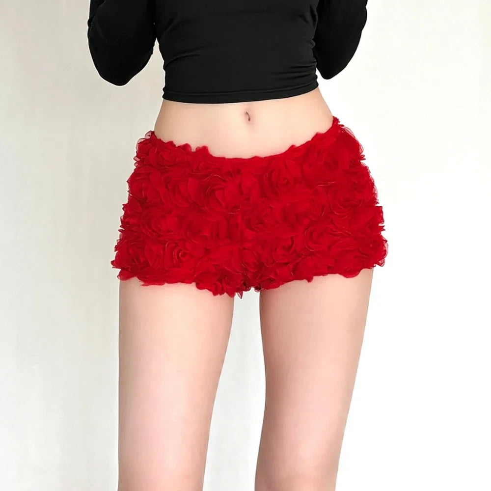 Woman wearing red rose applique shorts