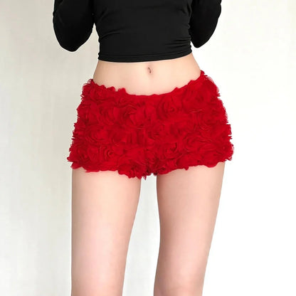 Woman wearing red rose applique shorts