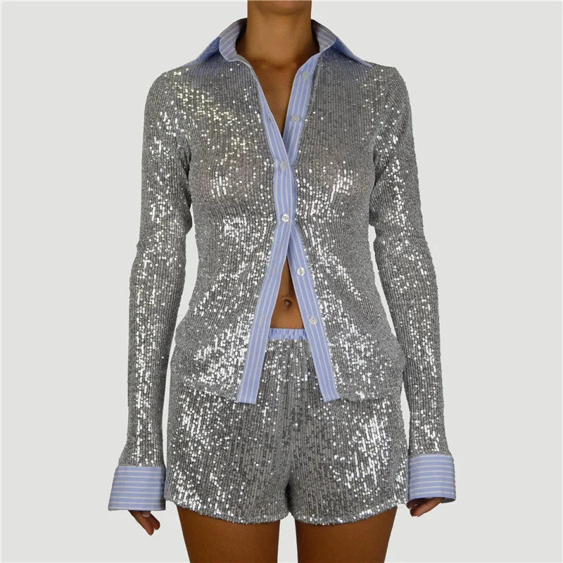 Woman wearing sequin pajama set.