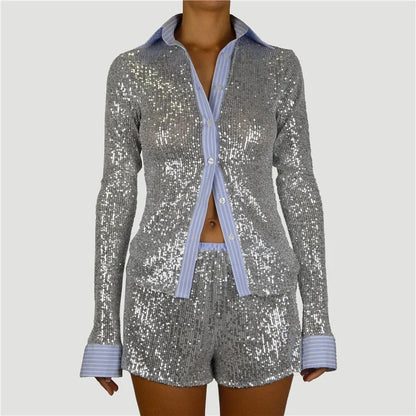 Woman wearing sequin pajama set.