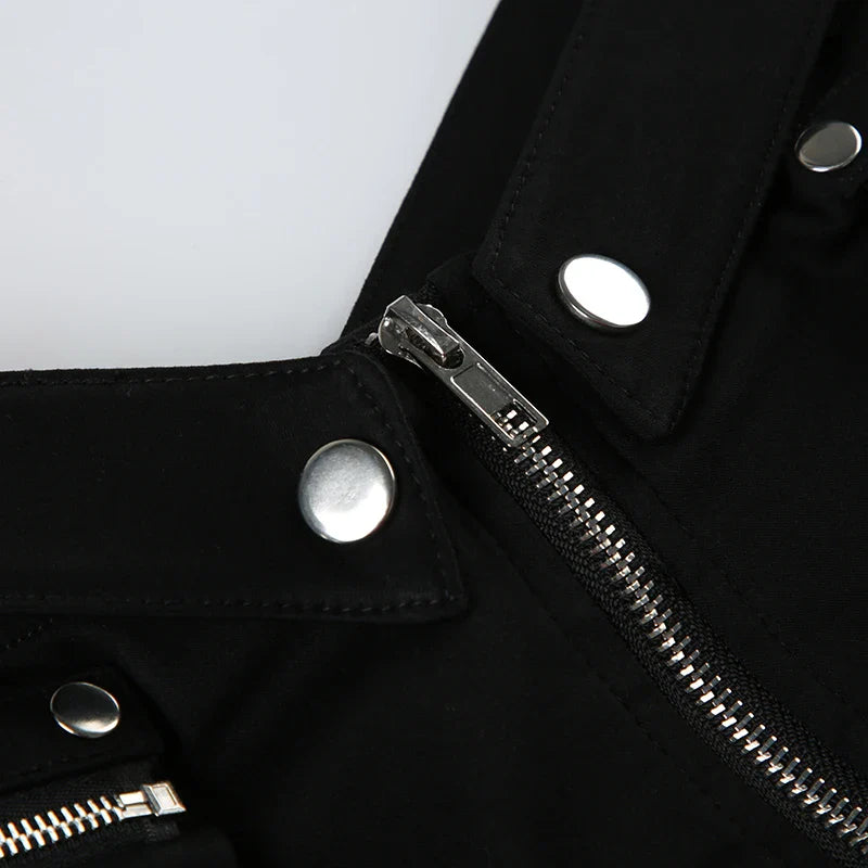 Black twill shorts with belted waist and cargo pockets