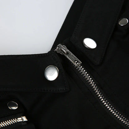 Black twill shorts with belted waist and cargo pockets