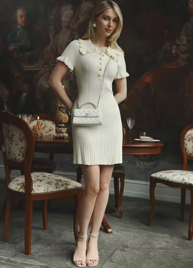 Woman in cream ribbed knit mini dress with ruffle collar and gold buttons sitting at a table.