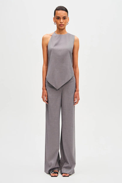 Woman in gray wool blend pant suit