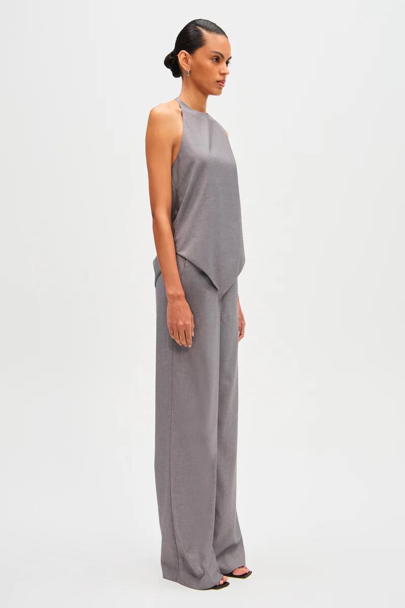 Woman in gray wool blend pant suit