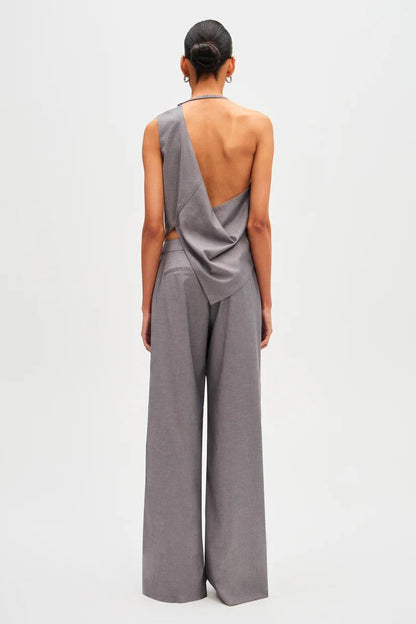 Woman in gray wool blend pant suit