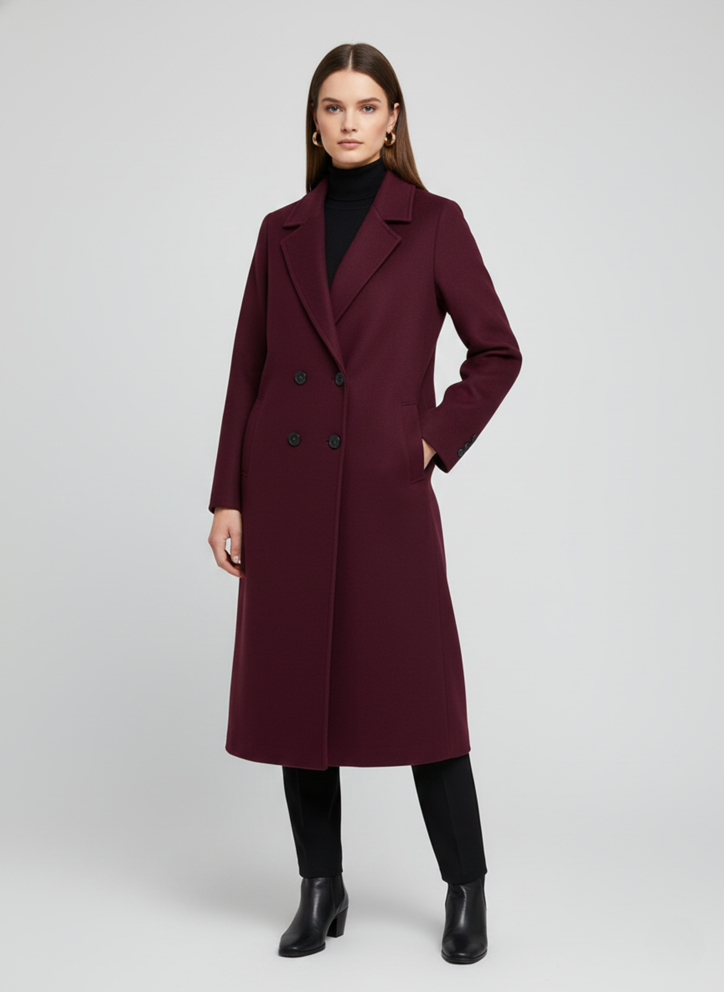 Luxury Long Burgundy Double-Breasted Wool Coat