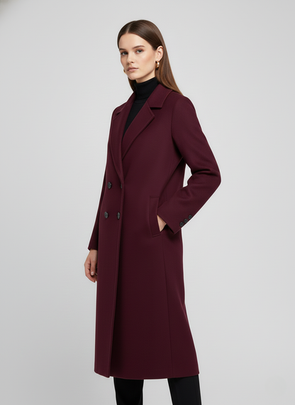 Luxury Long Burgundy Double-Breasted Wool Coat