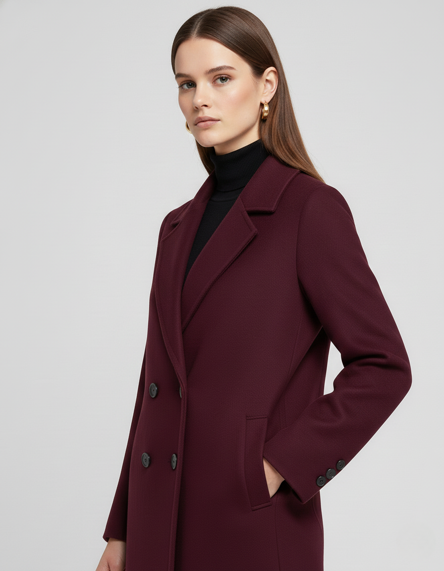 Luxury Long Burgundy Double-Breasted Wool Coat