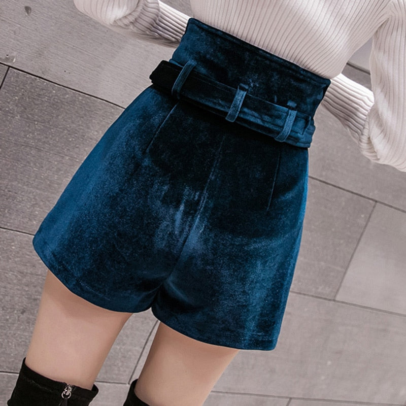 Teal velvet high-waisted shorts with collar belt