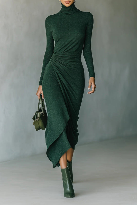 Woman in forest green ribbed turtleneck midi dress with draped skirt and matching boots