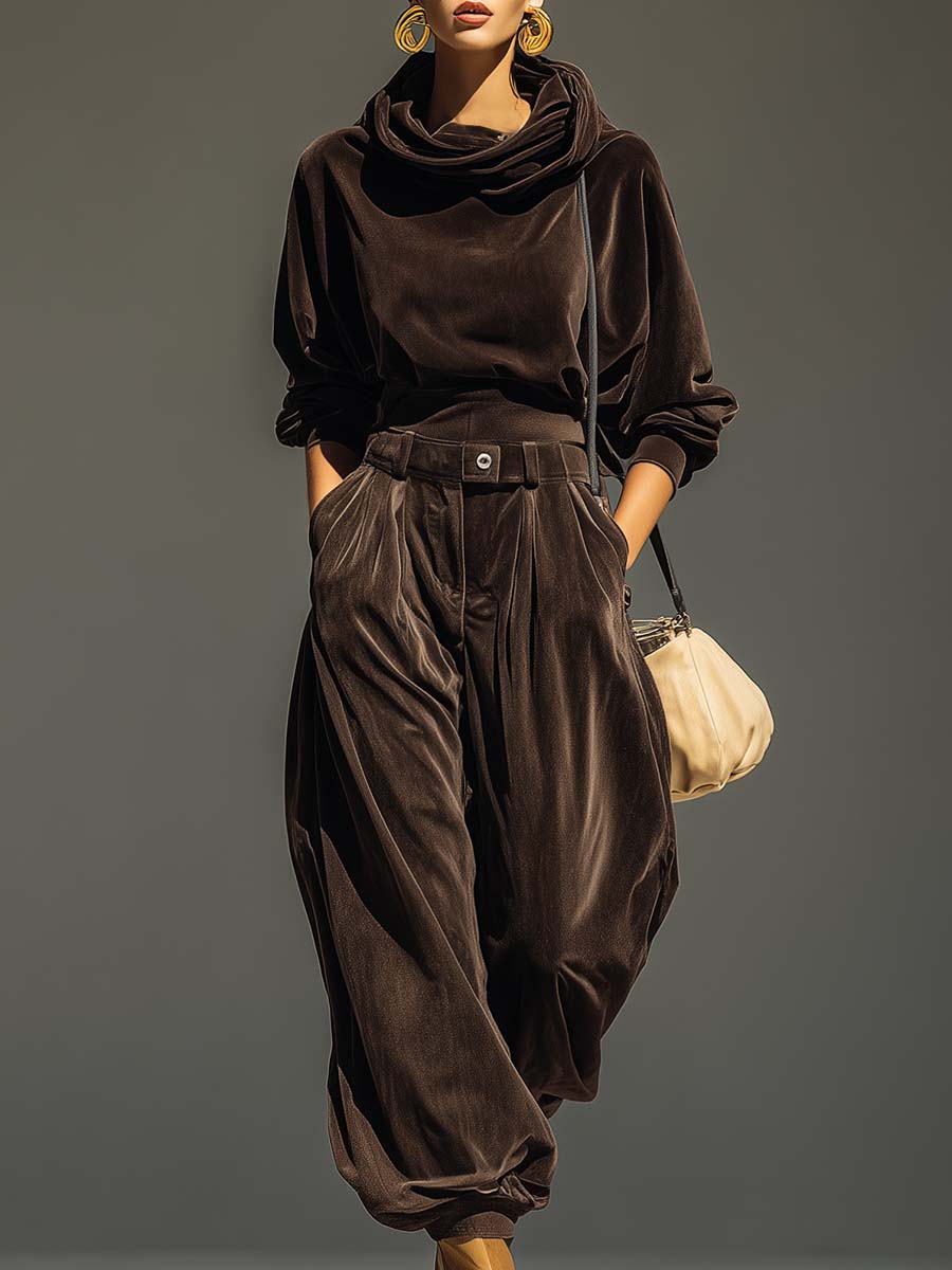 Woman wearing brown velvet cowl neck top and wide leg pants with cream-colored purse.