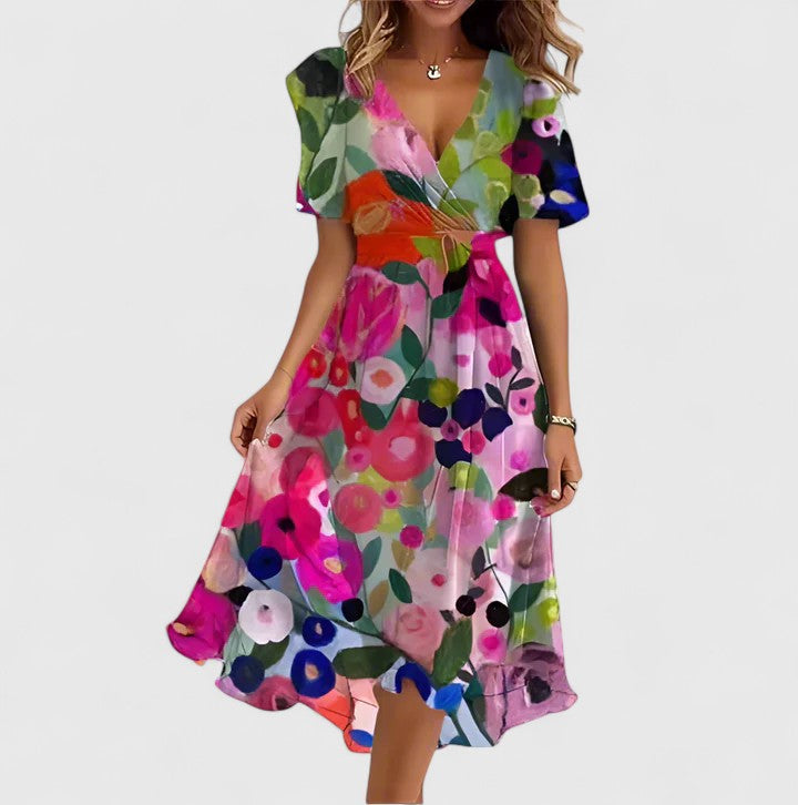 Multi Color Floral - A woman wearing a V-neck midi dress featuring a vibrant blue and green abstract mosaic print, short flutter sleeves, and a flowing A-line skirt.