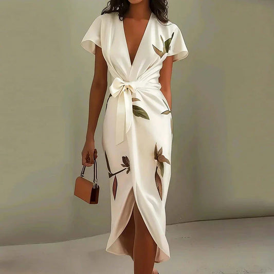 White - A woman wearing a cream-colored satin midi dress featuring a green botanical leaf print, a deep V-neckline, flutter sleeves, a tie-front waist bow, and a wrap-style tulip hem.