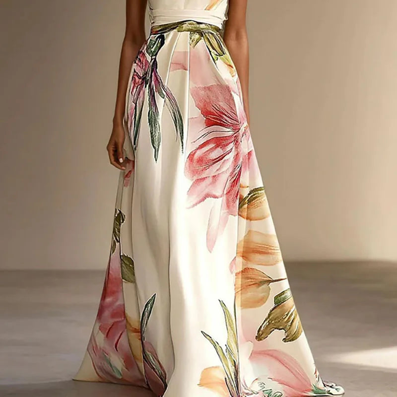 Cream - A woman wearing a floor-length satin halter maxi dress featuring a large-scale watercolor botanical print in pink, orange, and green on an ivory background, showcasing a pleated waist and a flowing A-line silhouette.