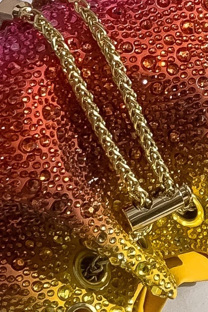 Ombre rhinestone bucket bag with gold chain and circular handle