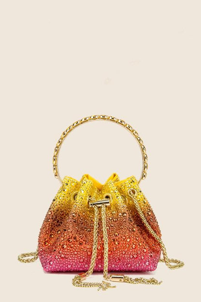 Ombre rhinestone bucket bag with gold chain and circular handle