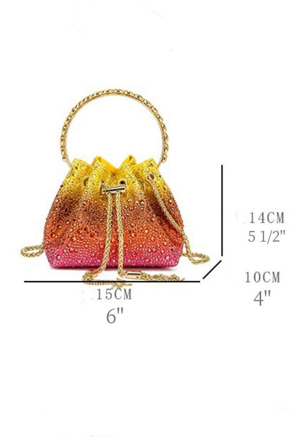 Ombre rhinestone bucket bag with gold chain and circular handle